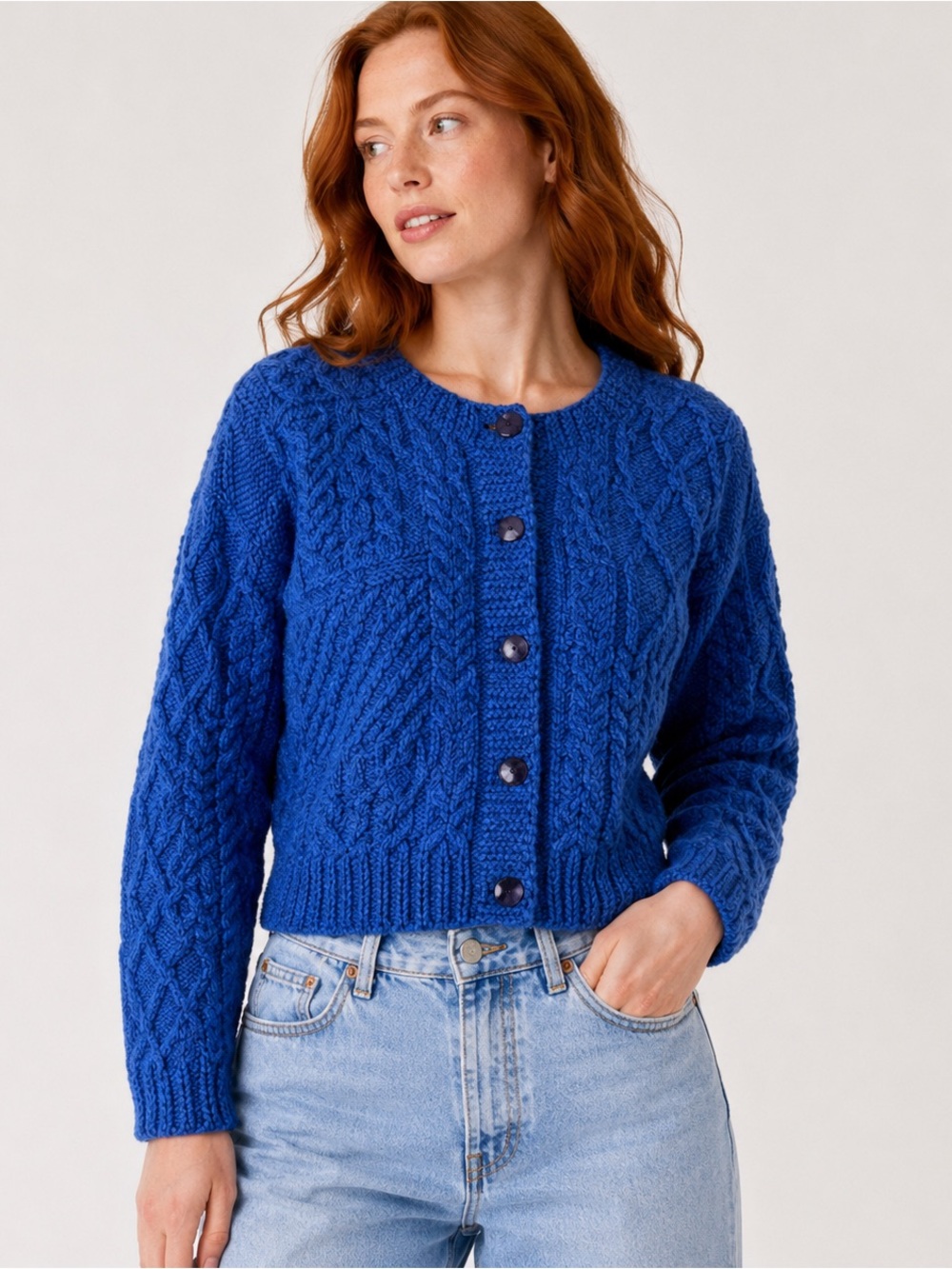 Carraig Donn Irish Aran Merino Wool Cardigan Women’s Small Blue Cable Knit